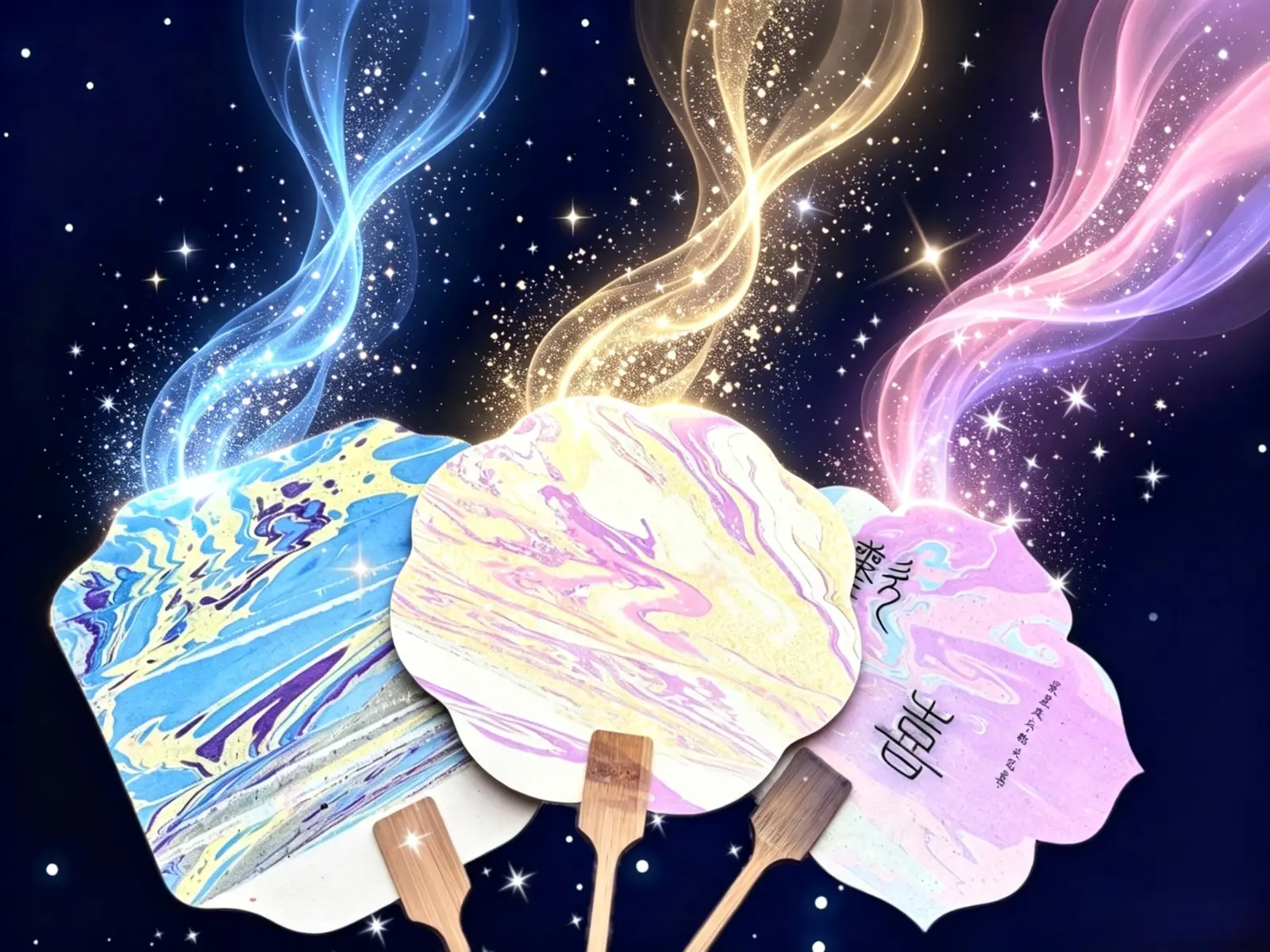 Colourful lacquer-patterned fans releasing blue, gold and pink colour magic into a starry sky