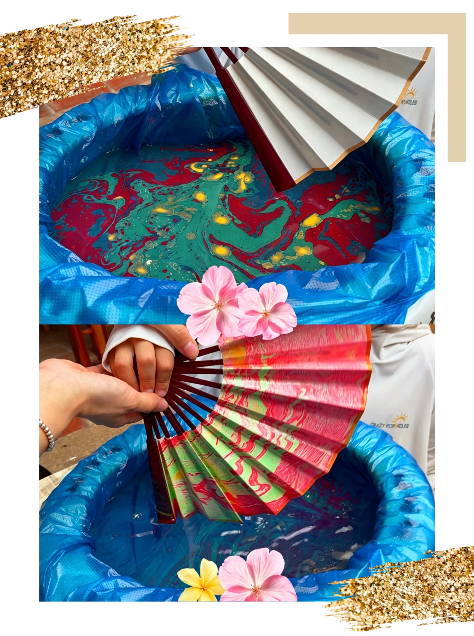 A lacquer fan being patterned by hand over a floating colour bath